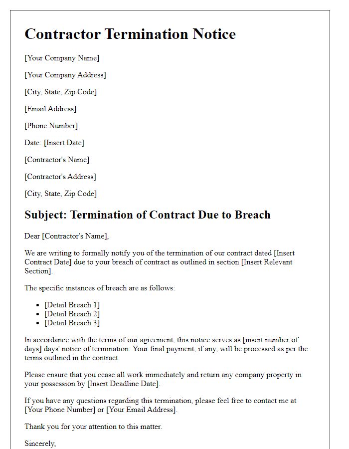 Letter template of Contractor Termination Notice for Breach of Contract