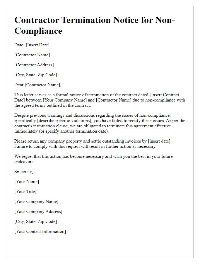 Letter template of Contractor Termination Notice for Non-Compliance