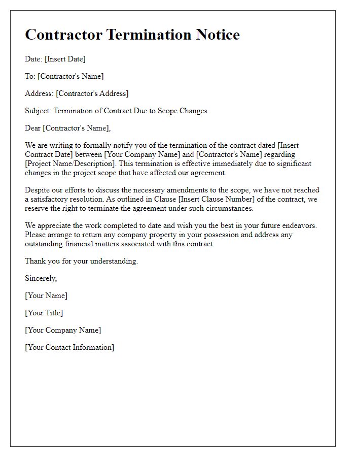 Letter template of Contractor Termination Notice for Scope Changes