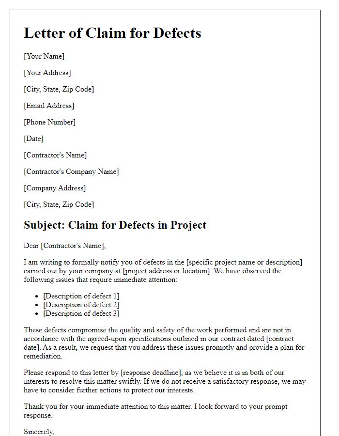 Letter template of claim for defects in contractor's project