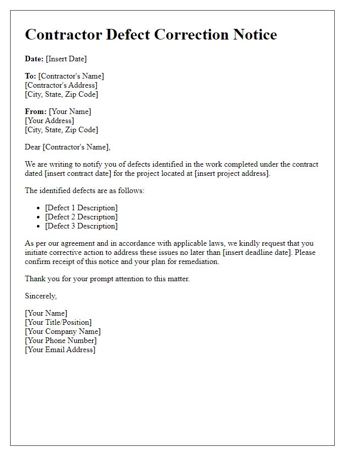 Letter template of contractor defect correction notice