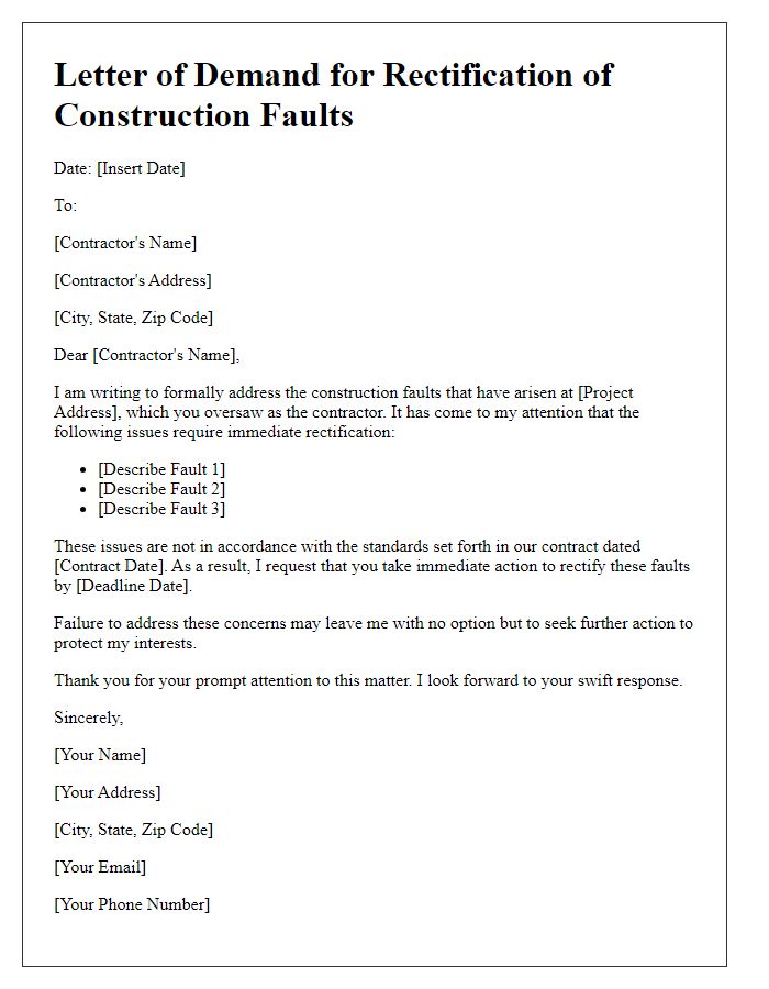 Letter template of demand for contractor to rectify construction faults