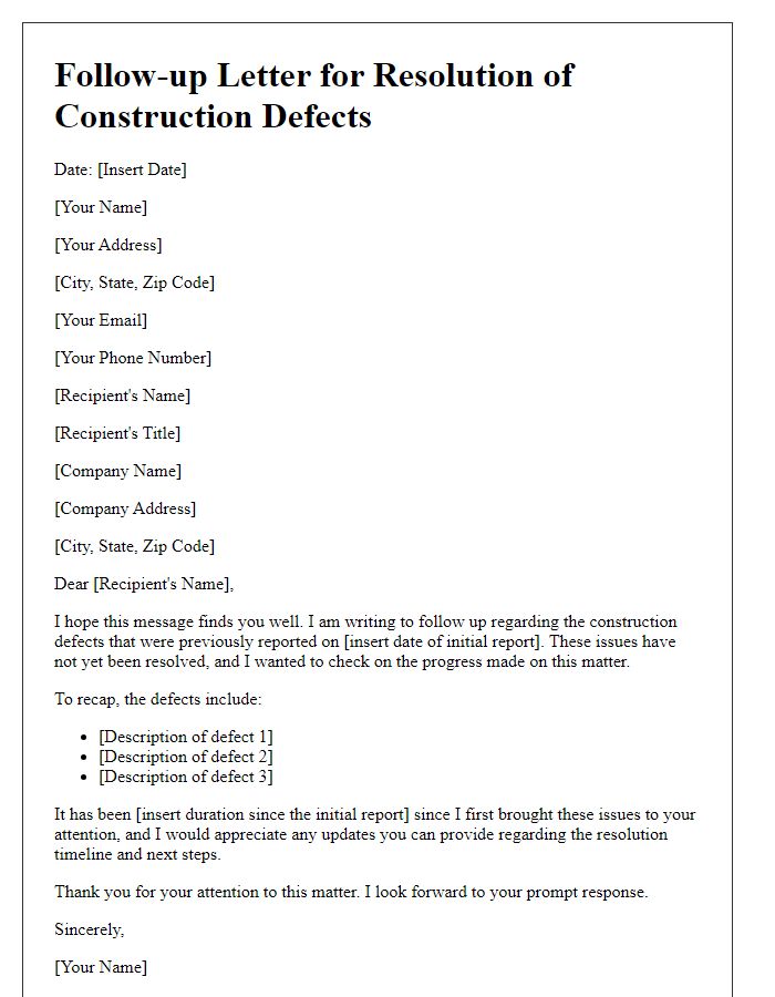 Letter template of follow-up for resolution of construction defects