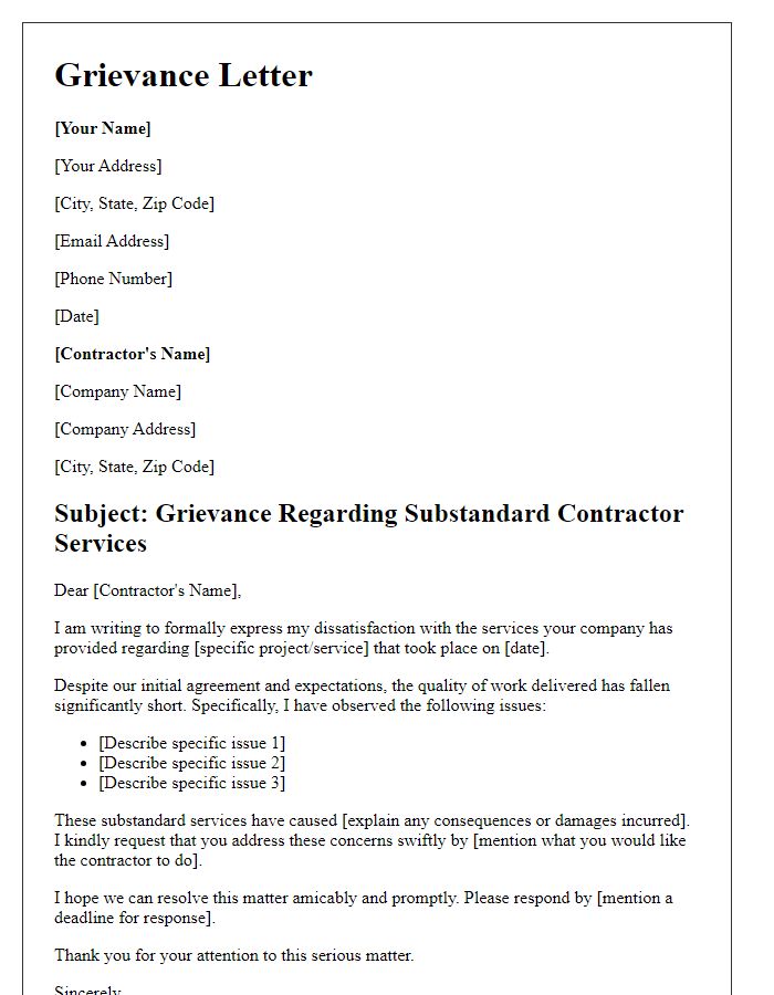 Letter template of grievance regarding substandard contractor services