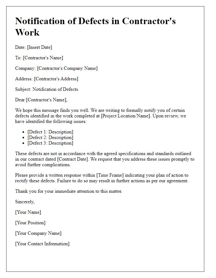 Letter template of notification of defects in contractor's work