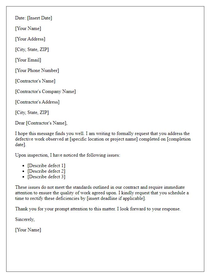 Letter template of request for contractor to address defective work