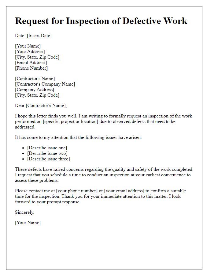 Letter template of request for inspection of contractor's defective work