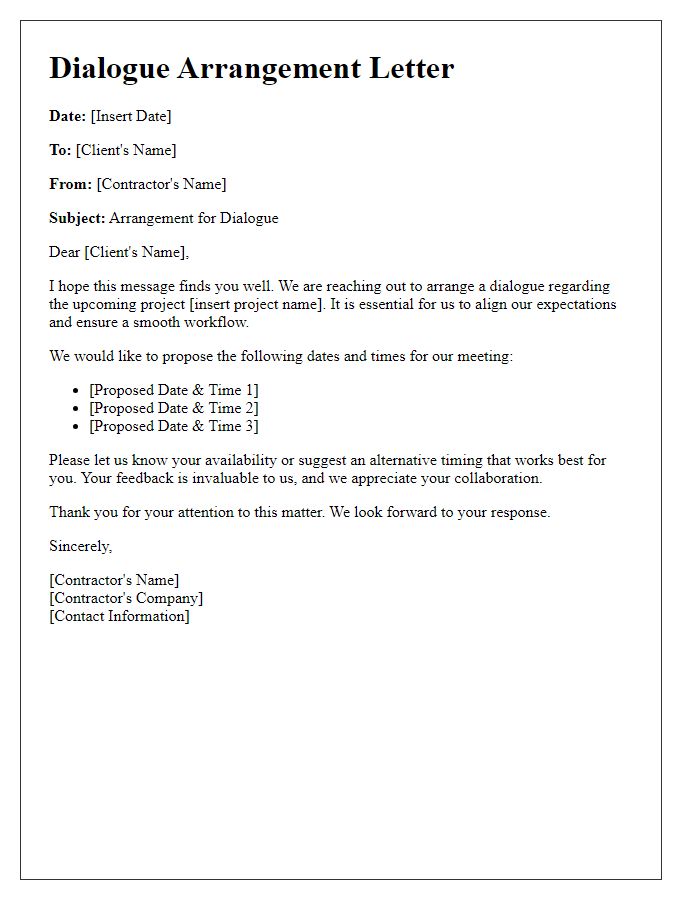 Letter template of contractor client dialogue arrangement