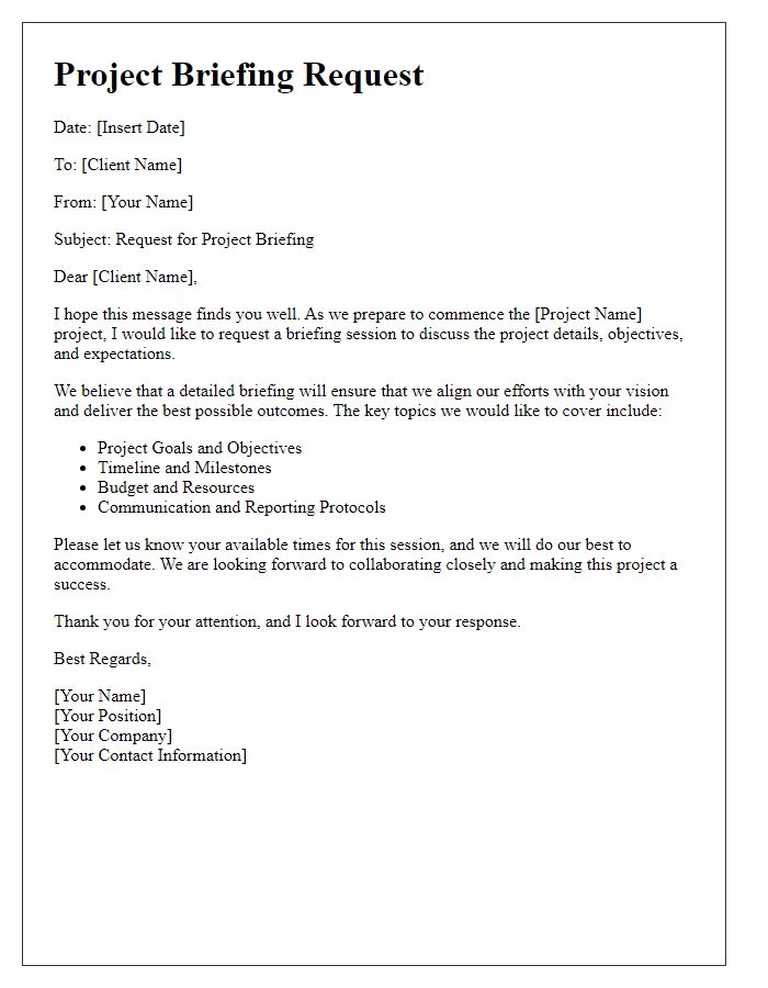 Letter template of contractor client project briefing request