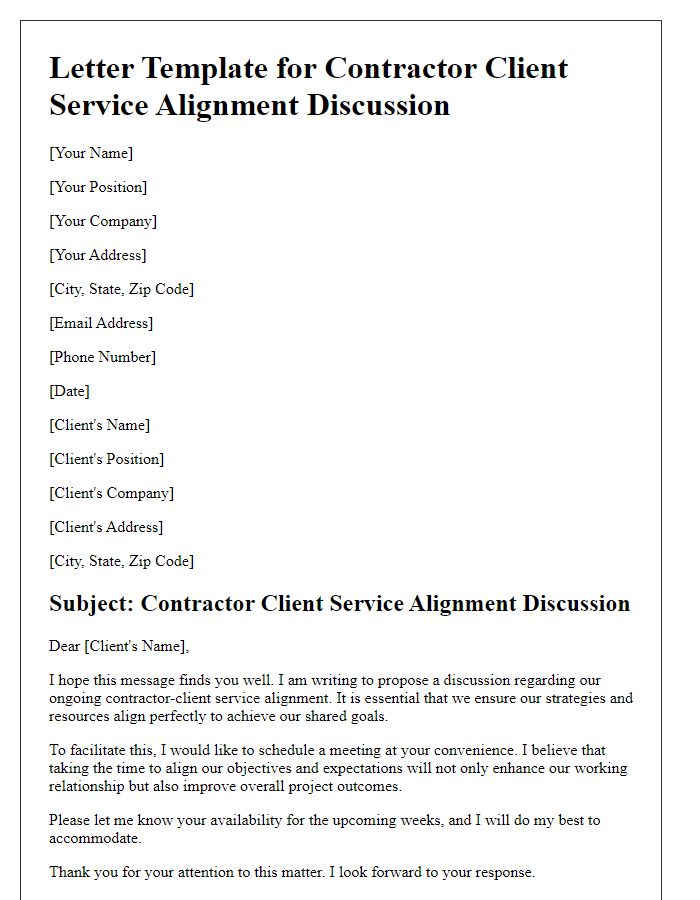 Letter template of contractor client service alignment discussion