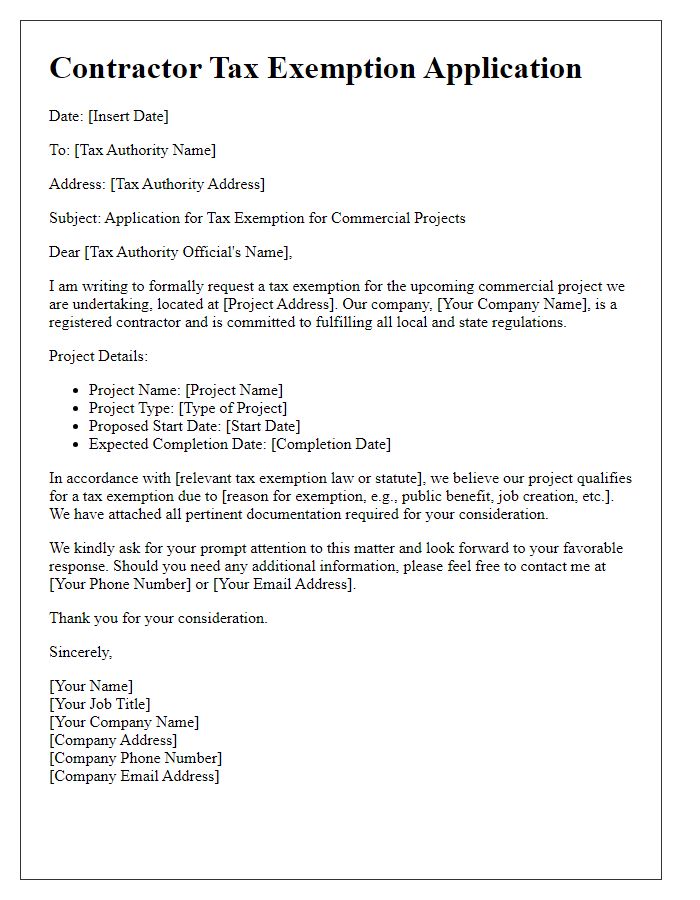 Letter template of contractor tax exemption application for commercial projects.