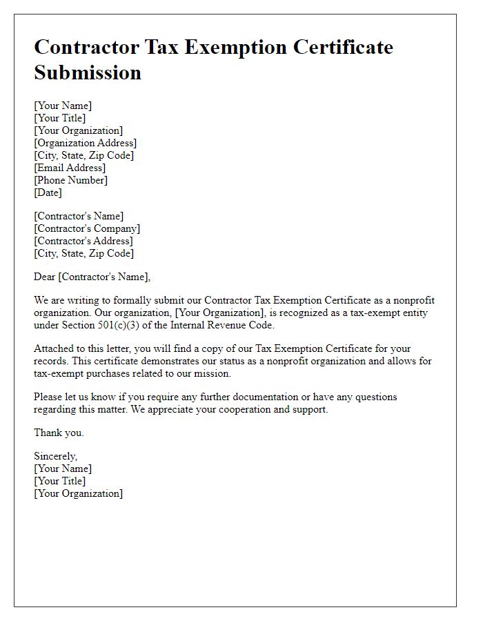 Letter template of contractor tax exemption certificate submission for nonprofit organizations.