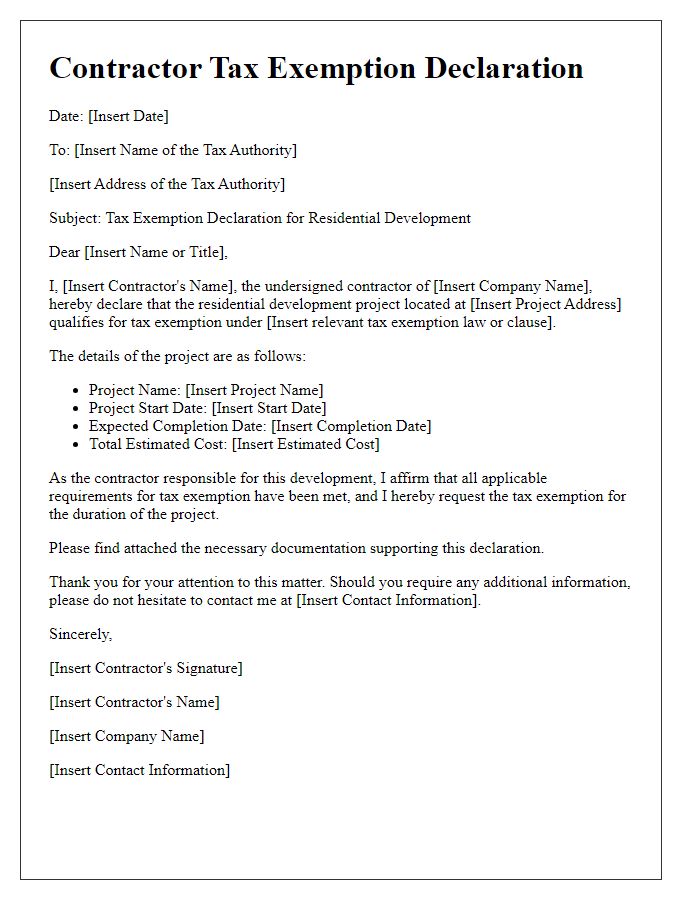 Letter template of contractor tax exemption declaration for residential developments.