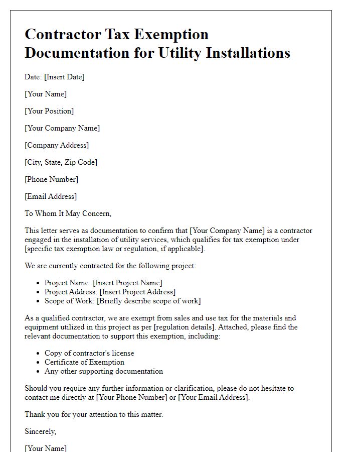 Letter template of contractor tax exemption documentation for utility installations.