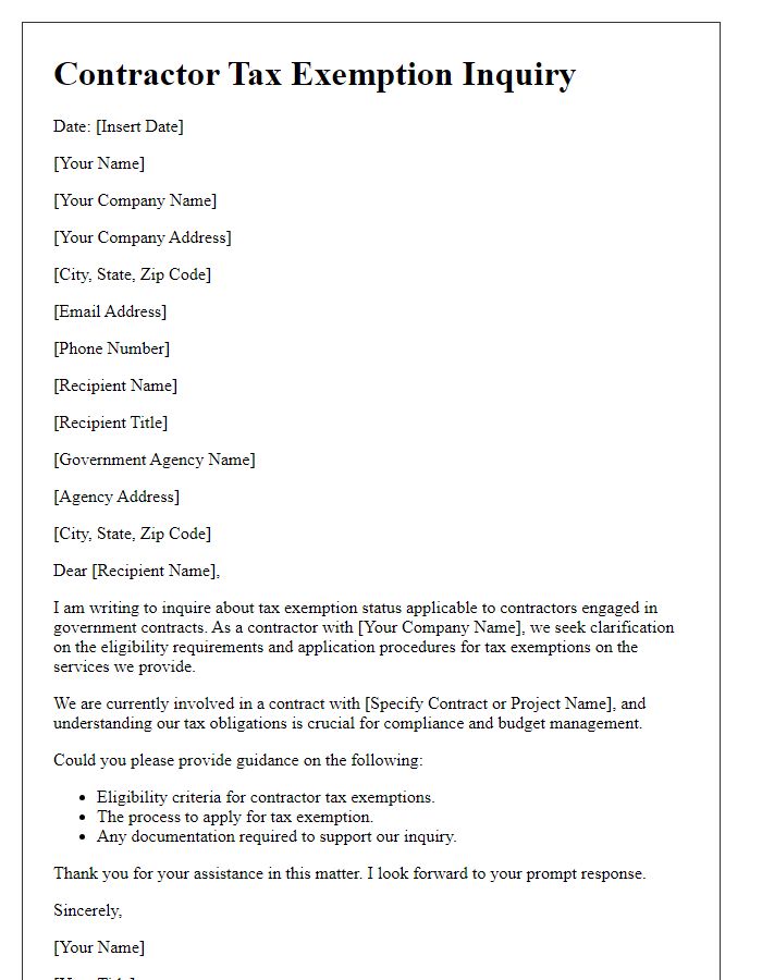 Letter template of contractor tax exemption inquiry for government contracts.