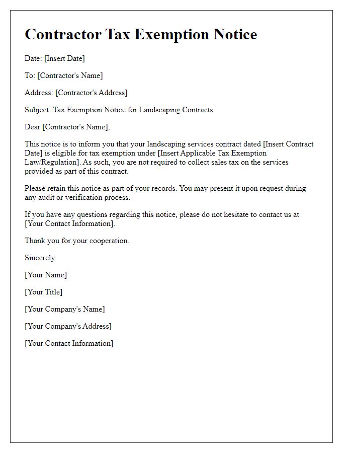 Letter template of contractor tax exemption notice for landscaping contracts.