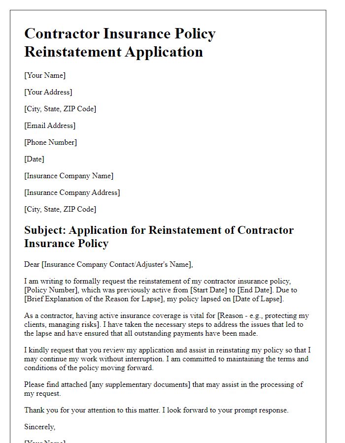 Letter template of contractor insurance policy reinstatement application