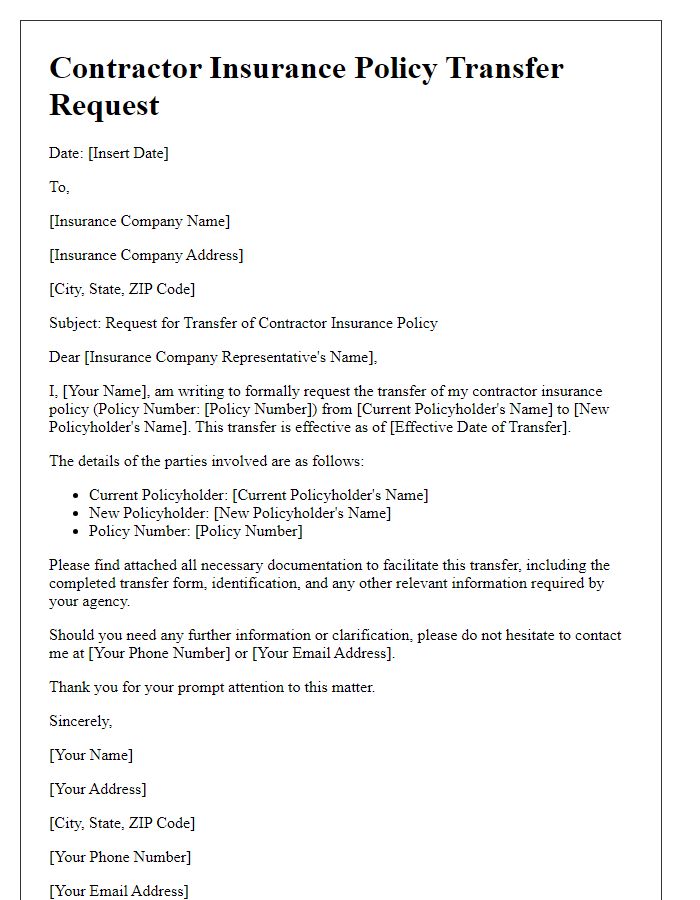 Letter template of contractor insurance policy transfer request