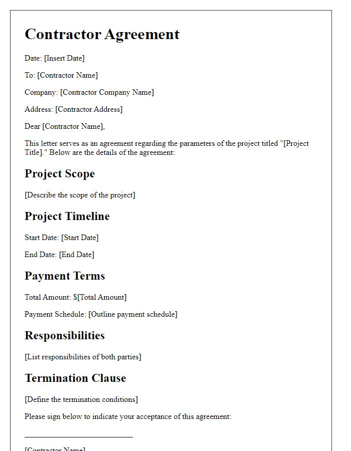 Letter template of contractor agreement on project parameters