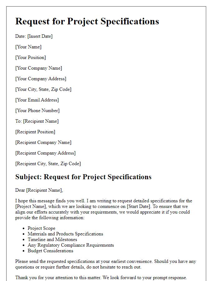 Letter template of contractor project specifications request