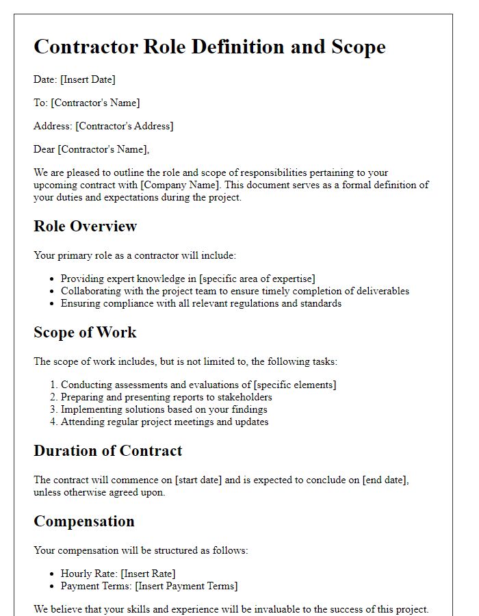 Letter template of contractor role definition and scope elaboration