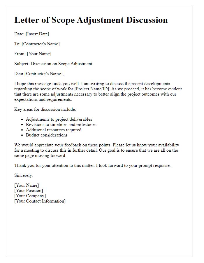 Letter template of contractor scope adjustment discussion