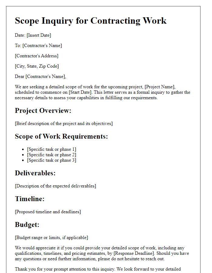 Letter template of detailed scope inquiry for contracting work