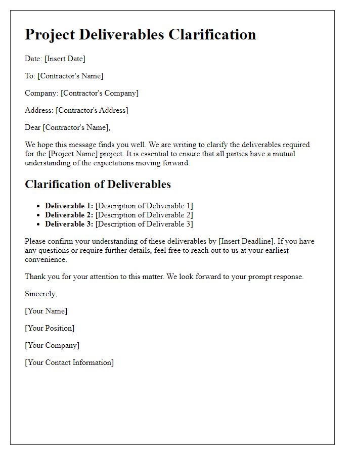 Letter template of project deliverables clarification for contractors