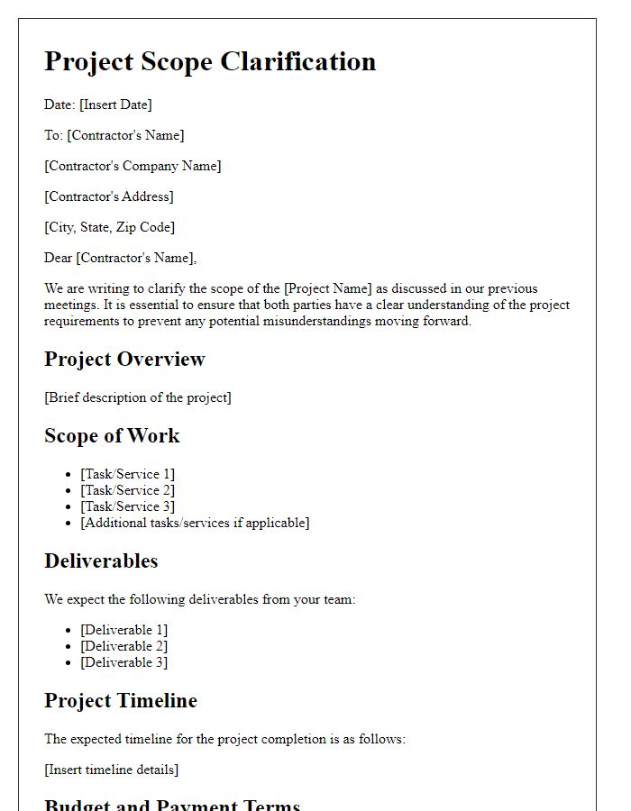 Letter template of project scope clarification for contractor engagement