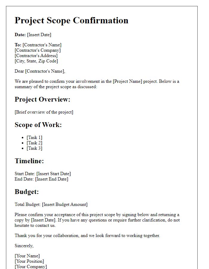 Letter template of project scope confirmation for contractor involvement