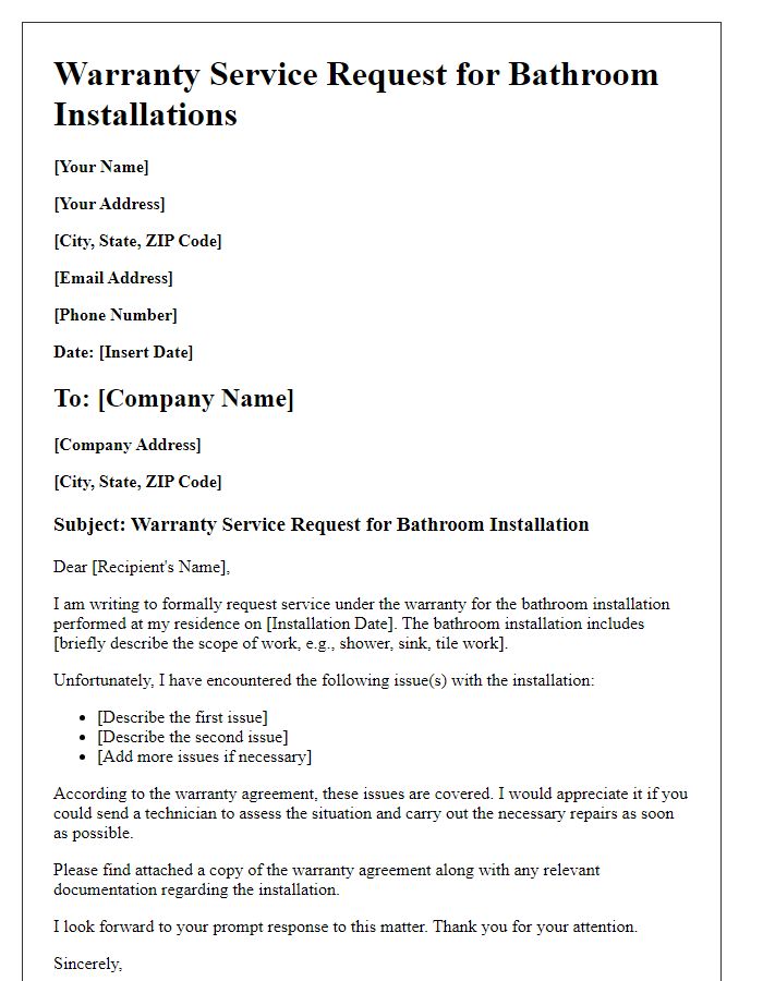 Letter template of warranty service request for bathroom installations.