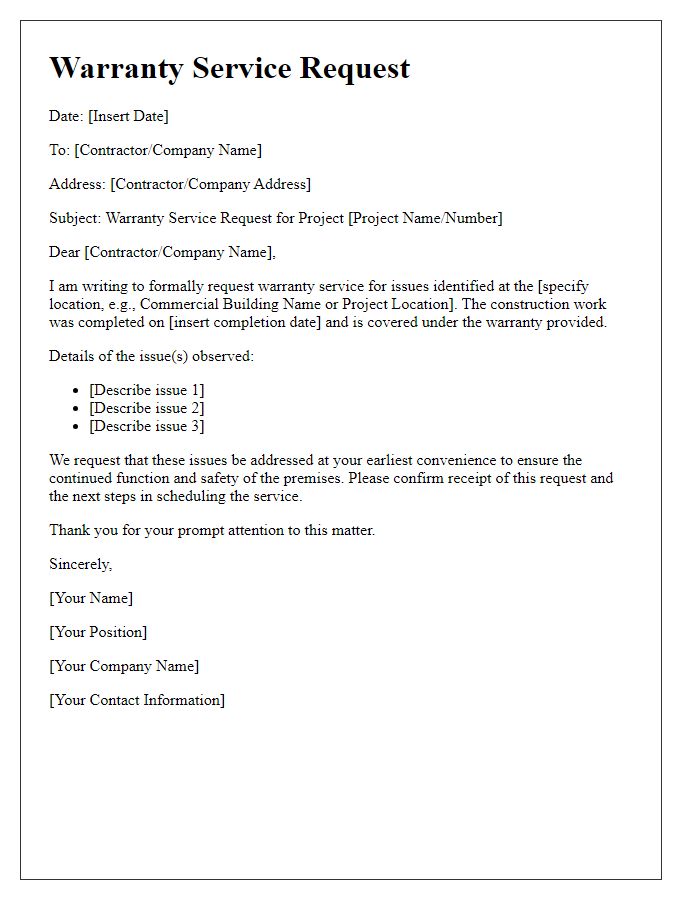 Letter template of warranty service request for commercial construction.