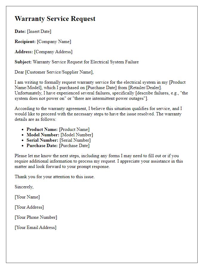 Letter template of warranty service request for electrical system failures.