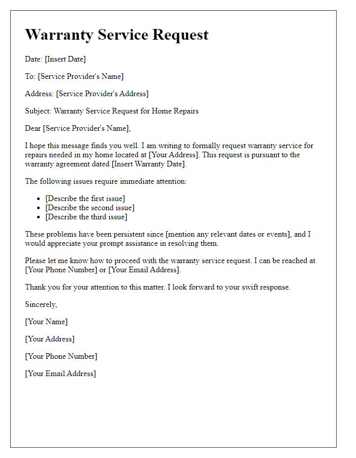 Letter template of warranty service request for home repairs.