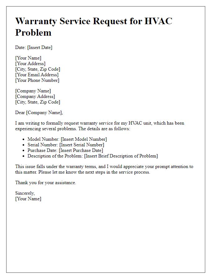 Letter template of warranty service request for HVAC problems.