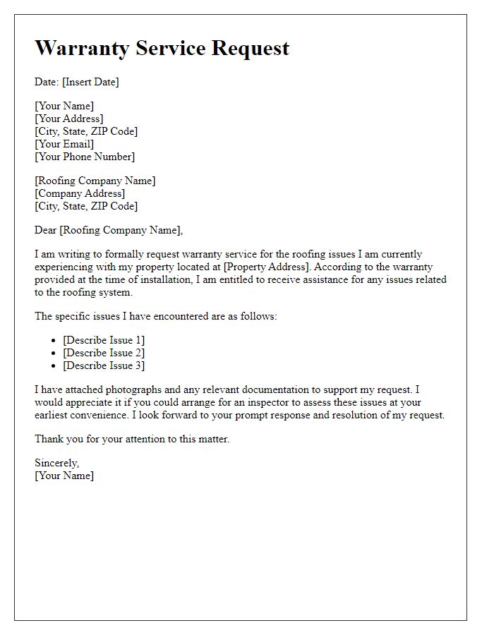 Letter template of warranty service request for roofing issues.