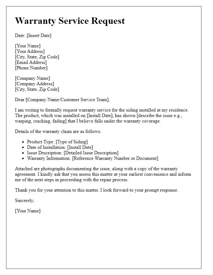 Letter template of warranty service request for siding repairs.