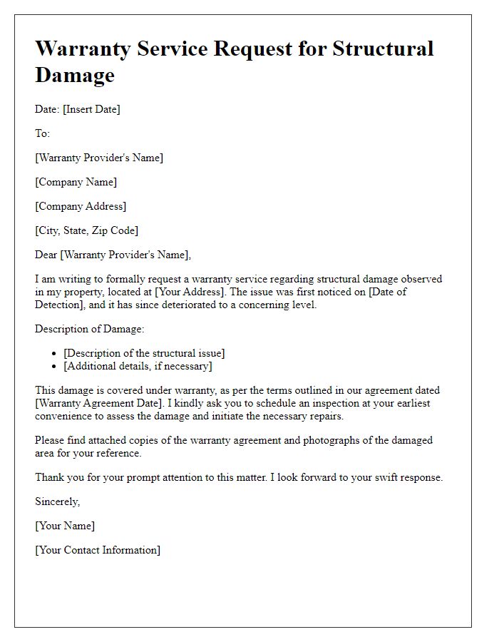 Letter template of warranty service request for structural damage.