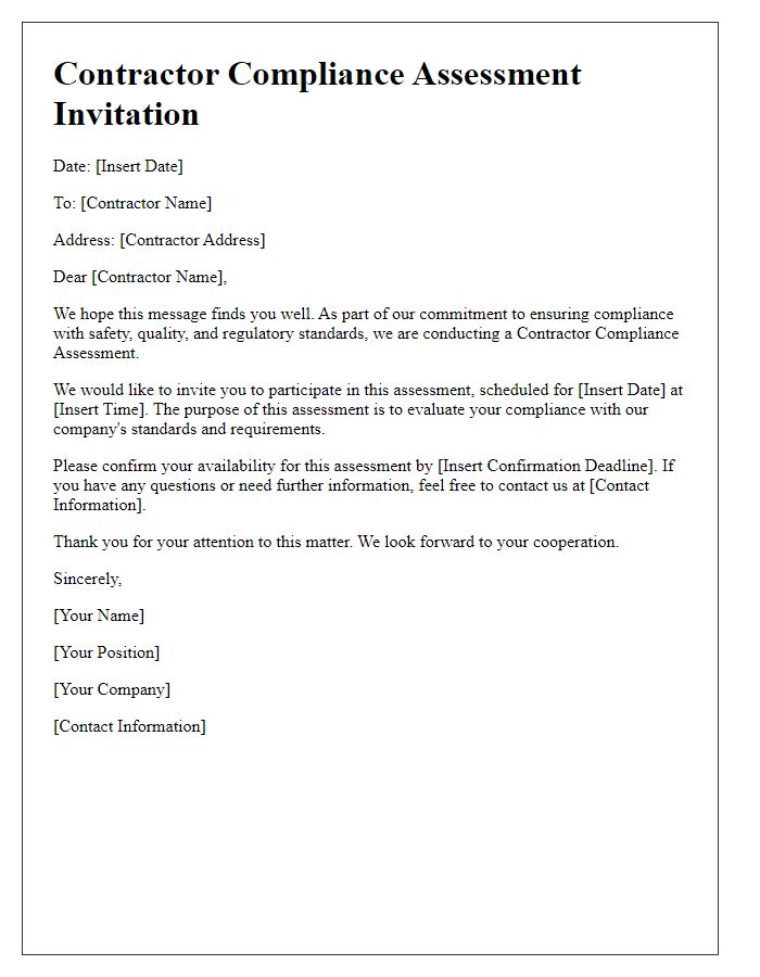 Letter template of contractor compliance assessment invitation.