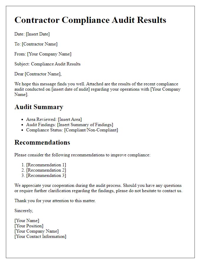 Letter template of contractor compliance audit results sharing.