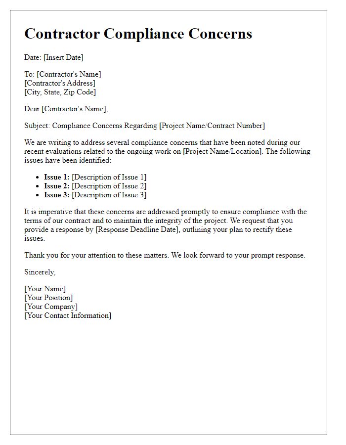 Letter template of contractor compliance concerns outline.