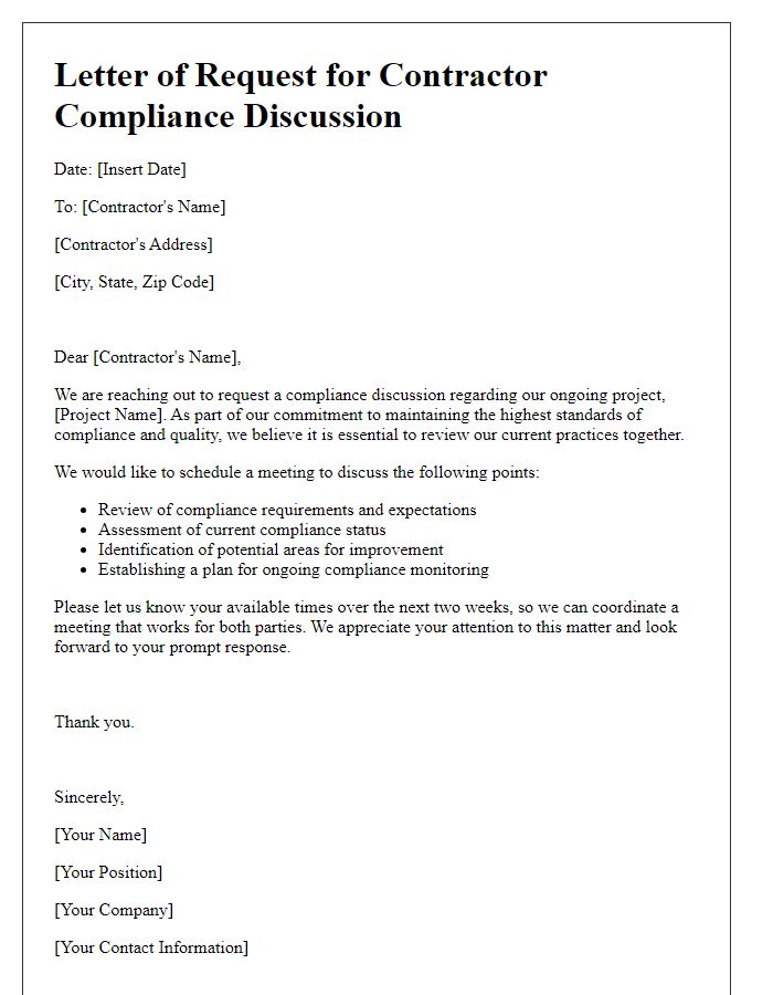 Letter template of contractor compliance discussion request.