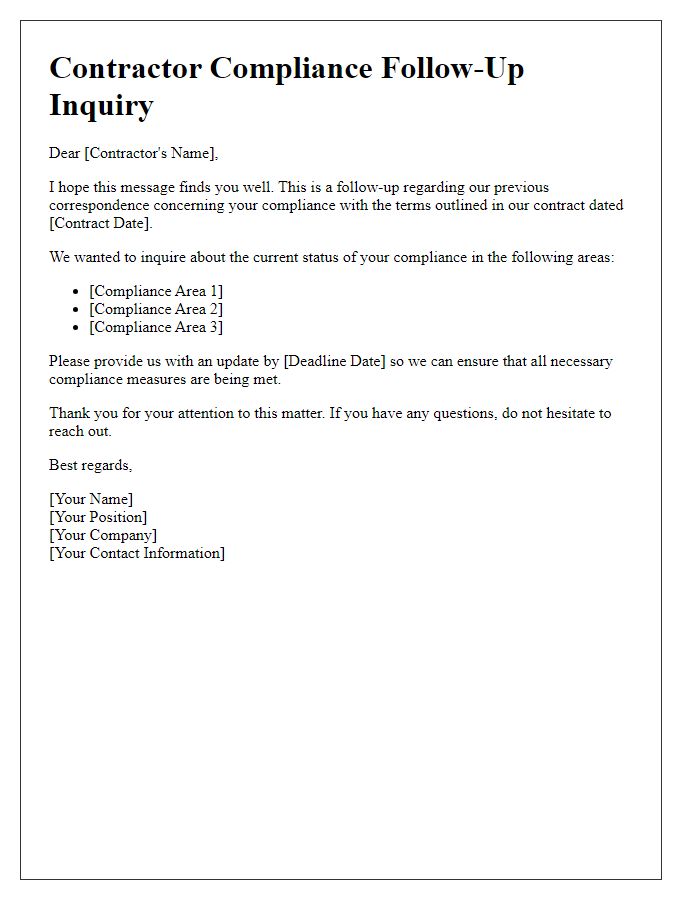 Letter template of contractor compliance follow-up inquiry.