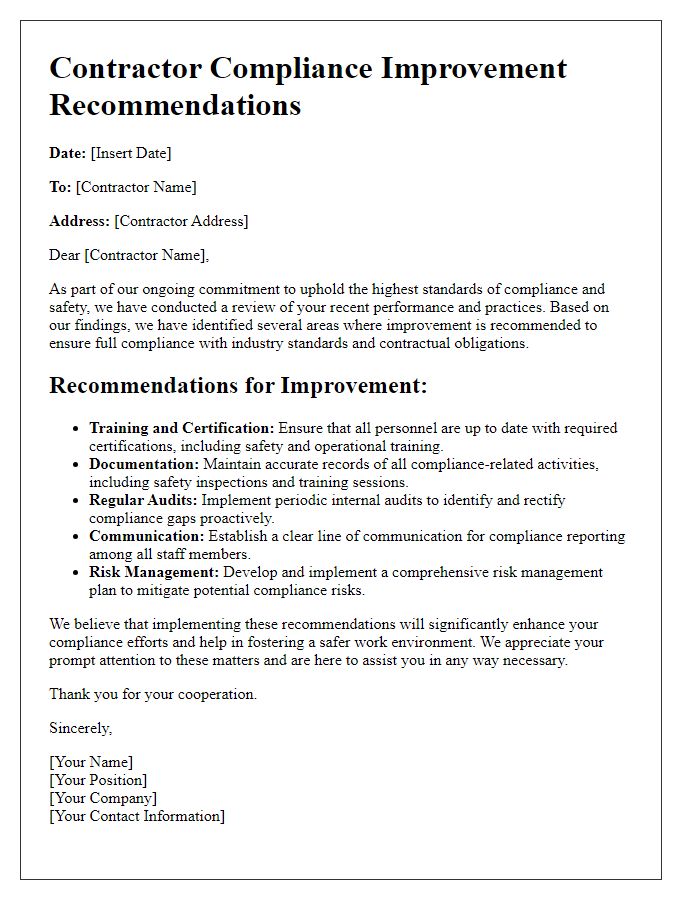 Letter template of contractor compliance improvement recommendations.