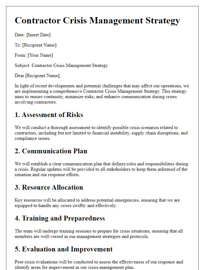 Letter template of contractor crisis management strategy.