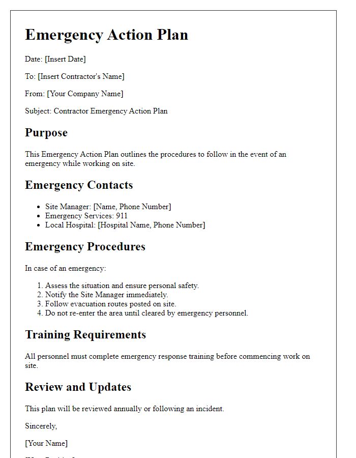 Letter template of contractor emergency action plan.