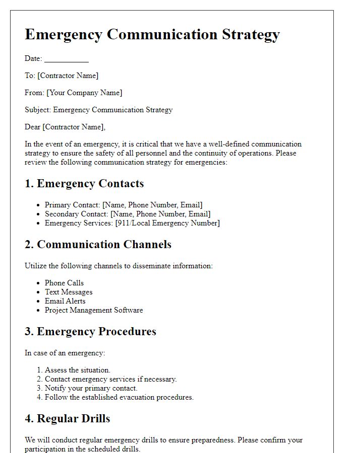 Letter template of contractor emergency communication strategy.