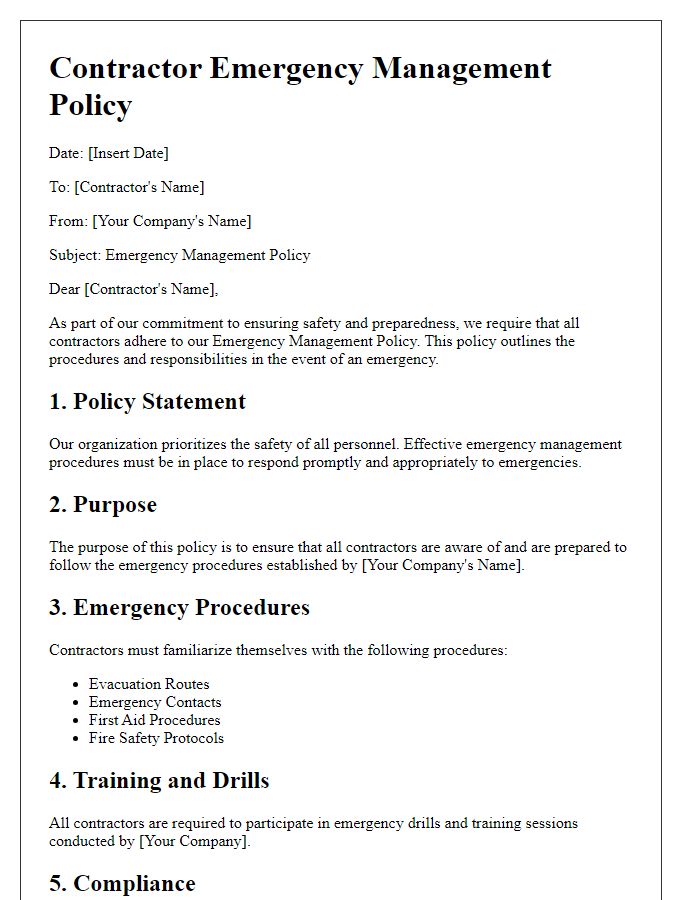 Letter template of contractor emergency management policy.