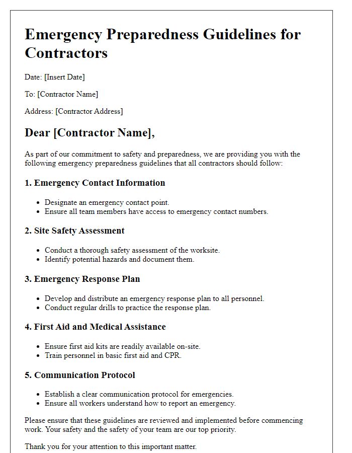 Letter template of contractor emergency preparedness guidelines.