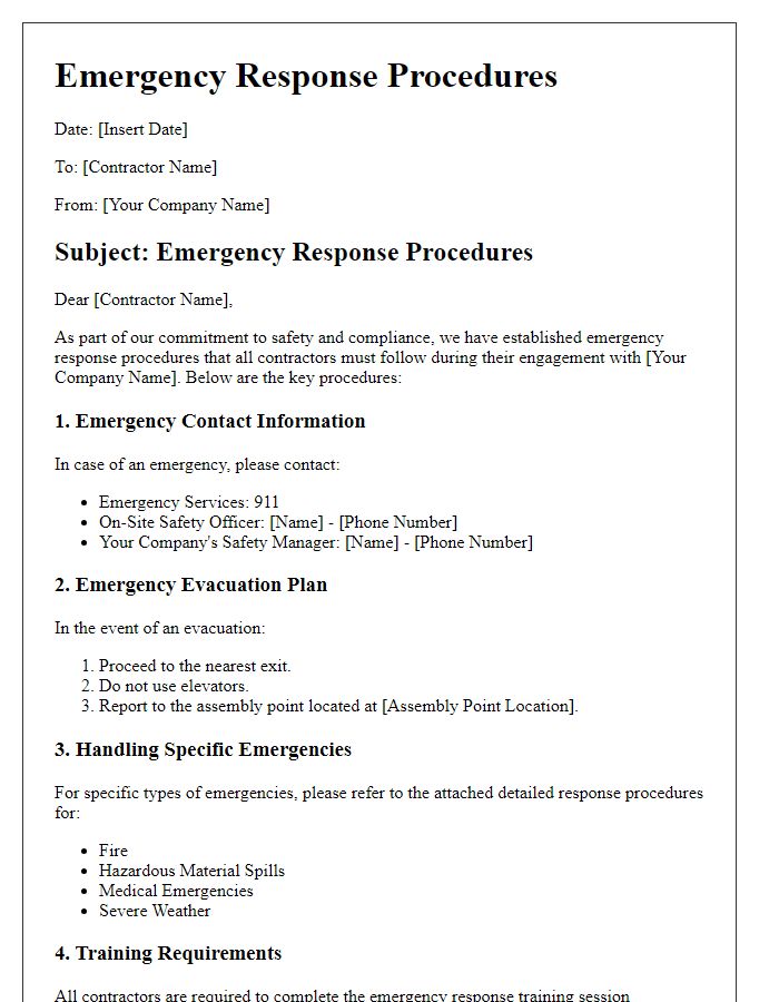 Letter template of contractor emergency response procedures.